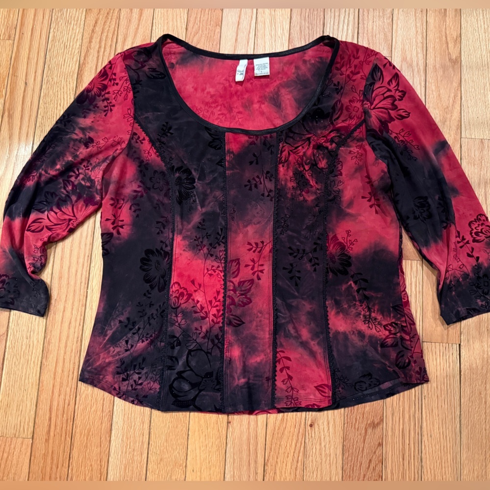Floral Red and Black Women's Velvet Burnout Sparkle  Top Whimsigoth goth
